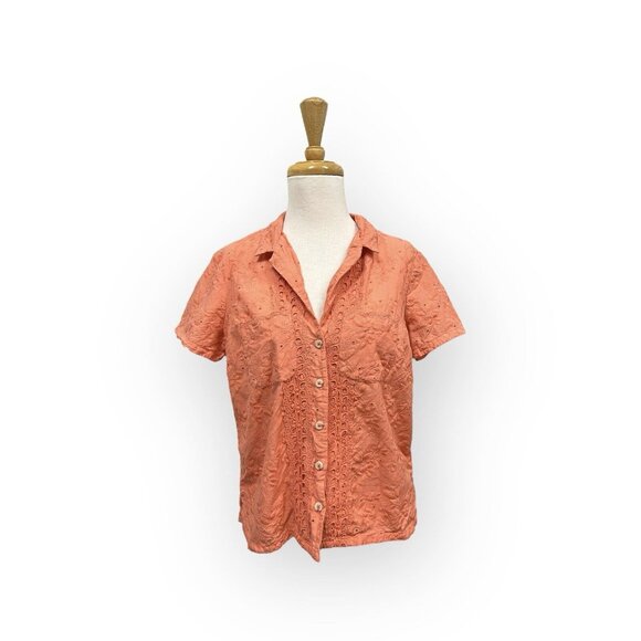 Anthropologie Tops - COPY - Anthropologie Maeve Coral Eyelet Guayabera Top Size 2 Embroidered Blouse